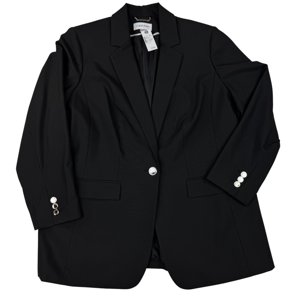 Calvin Klein Womens Black Pinstripe Single Button Blazer Professional Jacket NEW